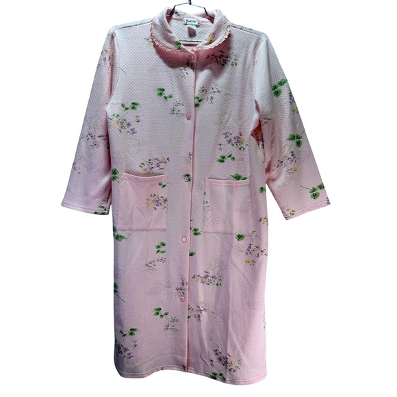 Casual Night Other - Casual Night Robe Womens M Pink Floral Housecoat Pockets Lounge Duster Button